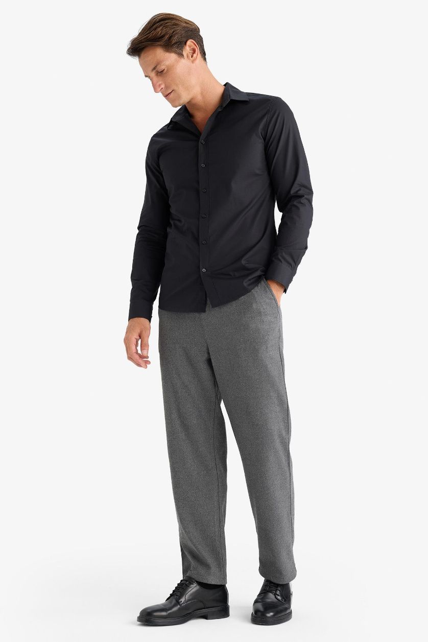 Erkek Antrasit Melanj Pantolon Relax Fit Beli Bağcıklı Cepli Basic Düz Düz Paça