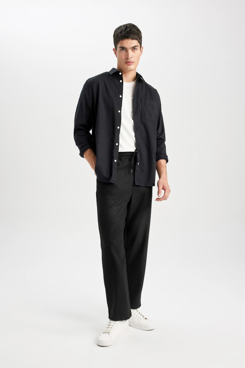 Erkek Siyah Pantolon Relax Fit Beli Bağcıklı Cepli Basic Düz Düz Paça