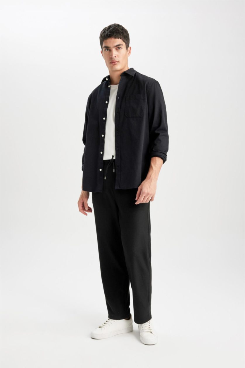 Erkek Siyah Pantolon Relax Fit Beli Bağcıklı Cepli Basic Düz Düz Paça