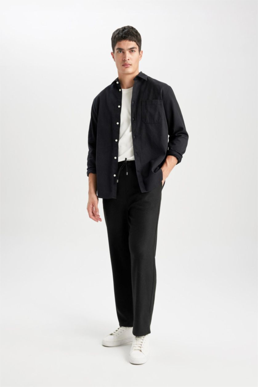 Erkek Siyah Pantolon Relax Fit Beli Bağcıklı Cepli Basic Düz Düz Paça