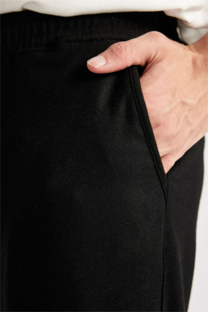 Erkek Siyah Pantolon Relax Fit Beli Bağcıklı Cepli Basic Düz Düz Paça