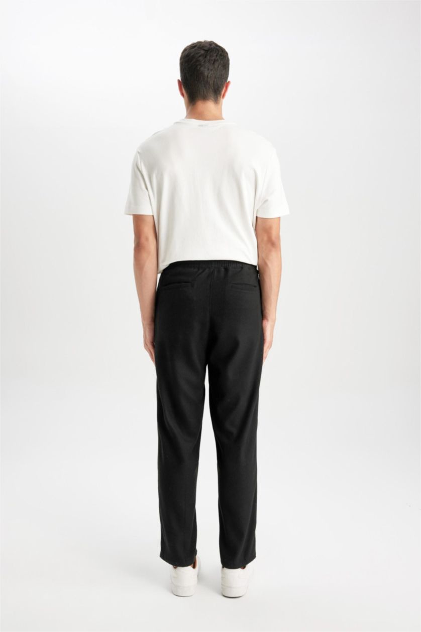 Erkek Siyah Pantolon Relax Fit Beli Bağcıklı Cepli Basic Düz Düz Paça