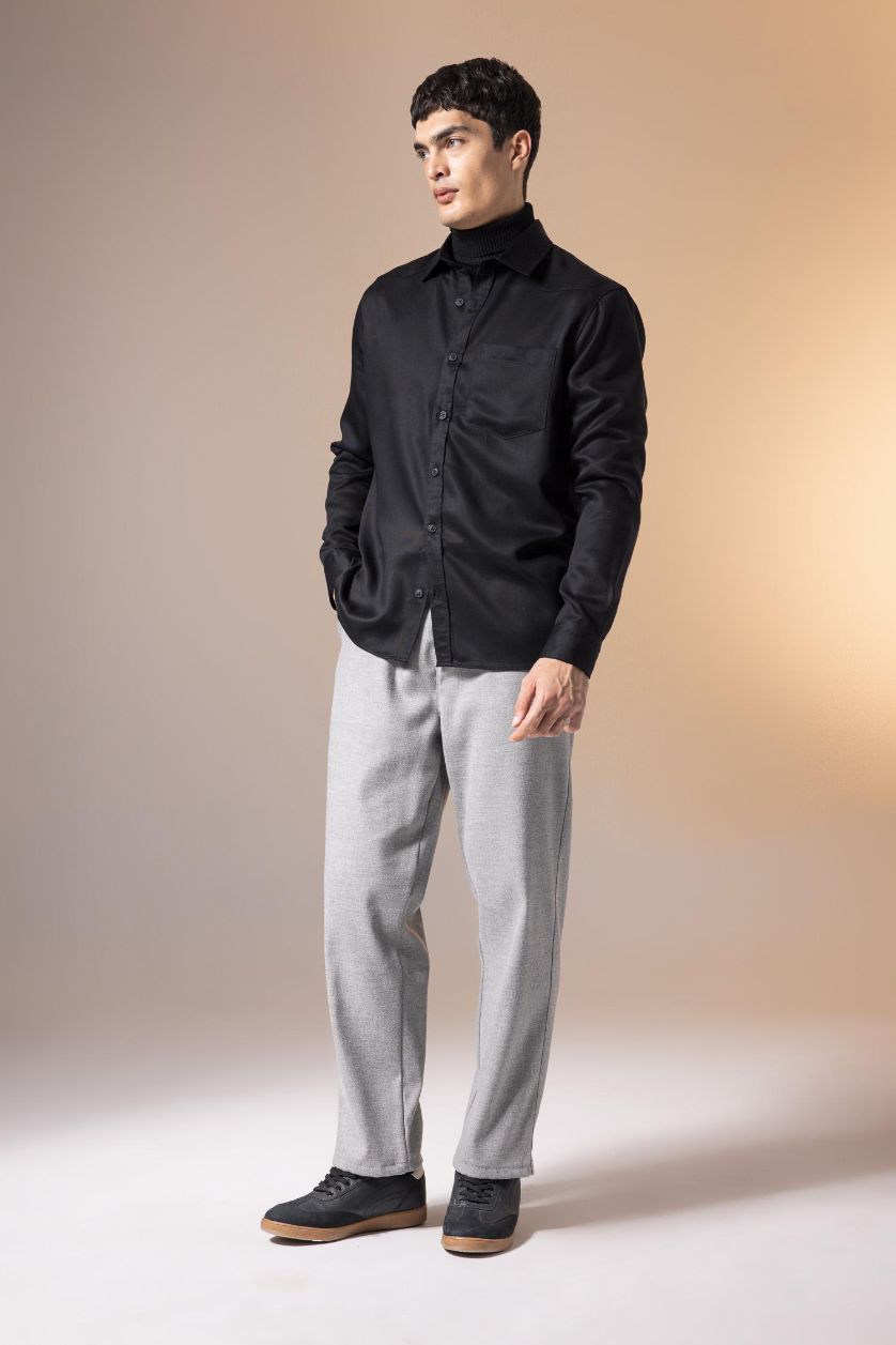 Erkek Gri Melanj Pantolon Relax Fit Beli Bağcıklı Cepli Basic Düz Düz Paça