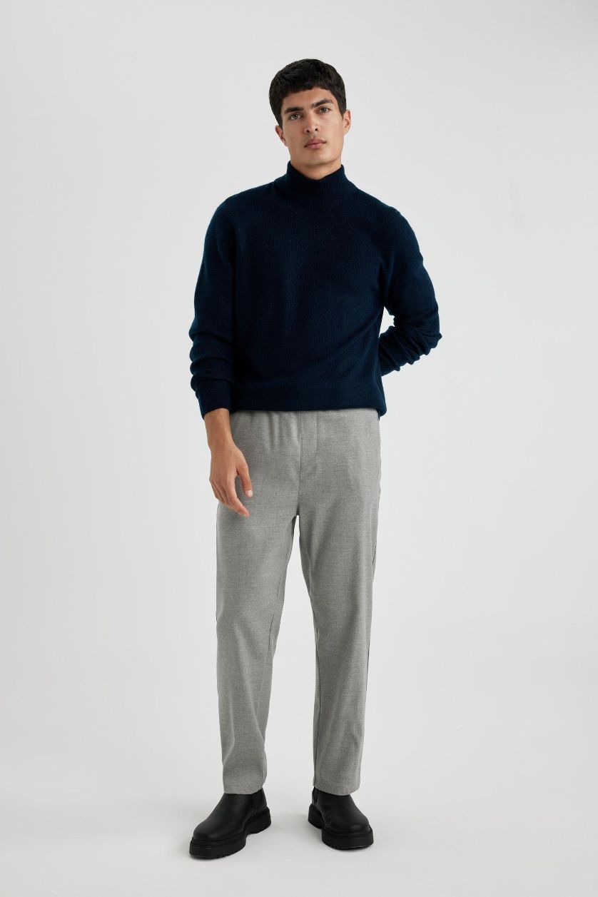 Erkek Gri Melanj Pantolon Relax Fit Beli Bağcıklı Cepli Basic Düz Düz Paça