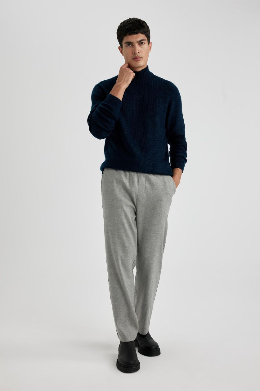 Erkek Gri Melanj Pantolon Relax Fit Beli Bağcıklı Cepli Basic Düz Düz Paça