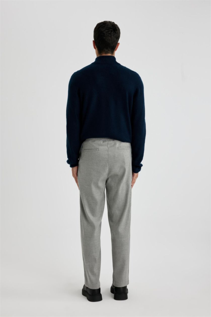 Erkek Gri Melanj Pantolon Relax Fit Beli Bağcıklı Cepli Basic Düz Düz Paça