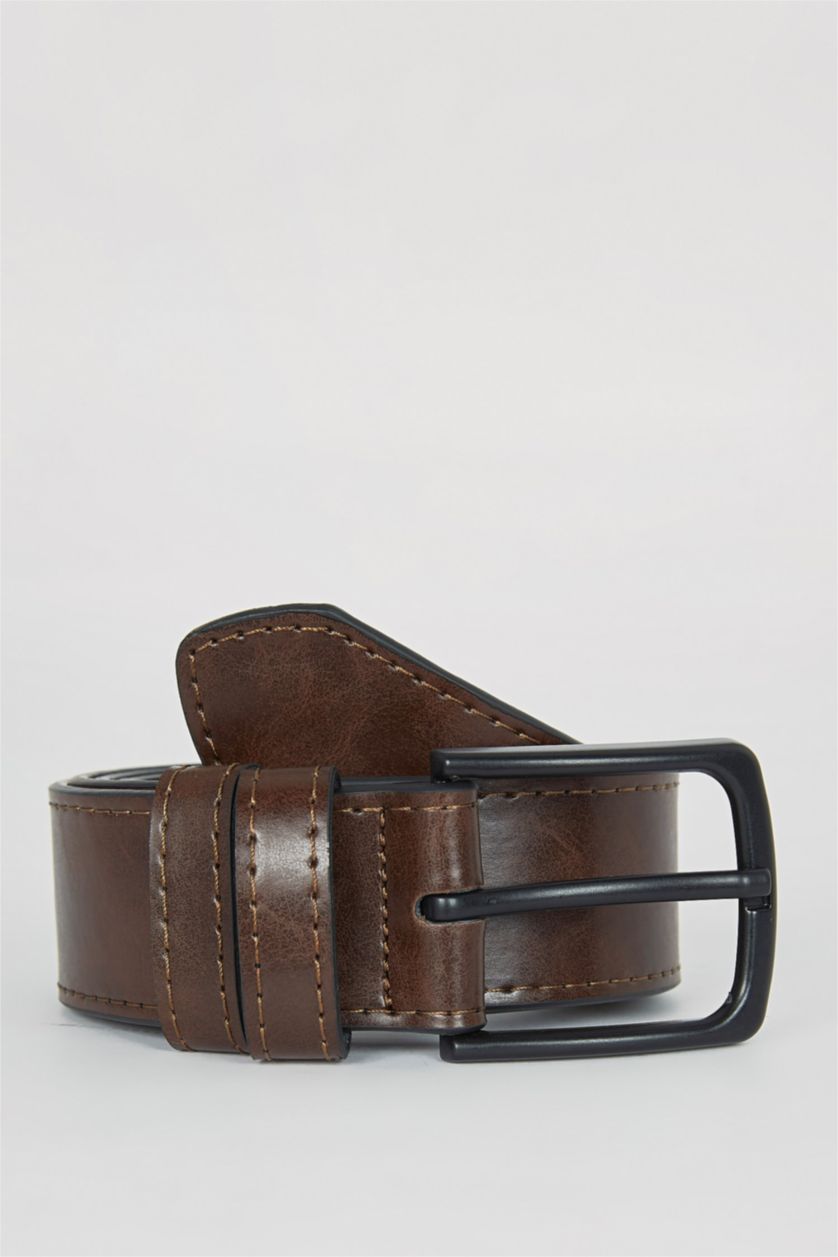 Men Brown Man Rectangle Clasp Faux Leather Jean Belt