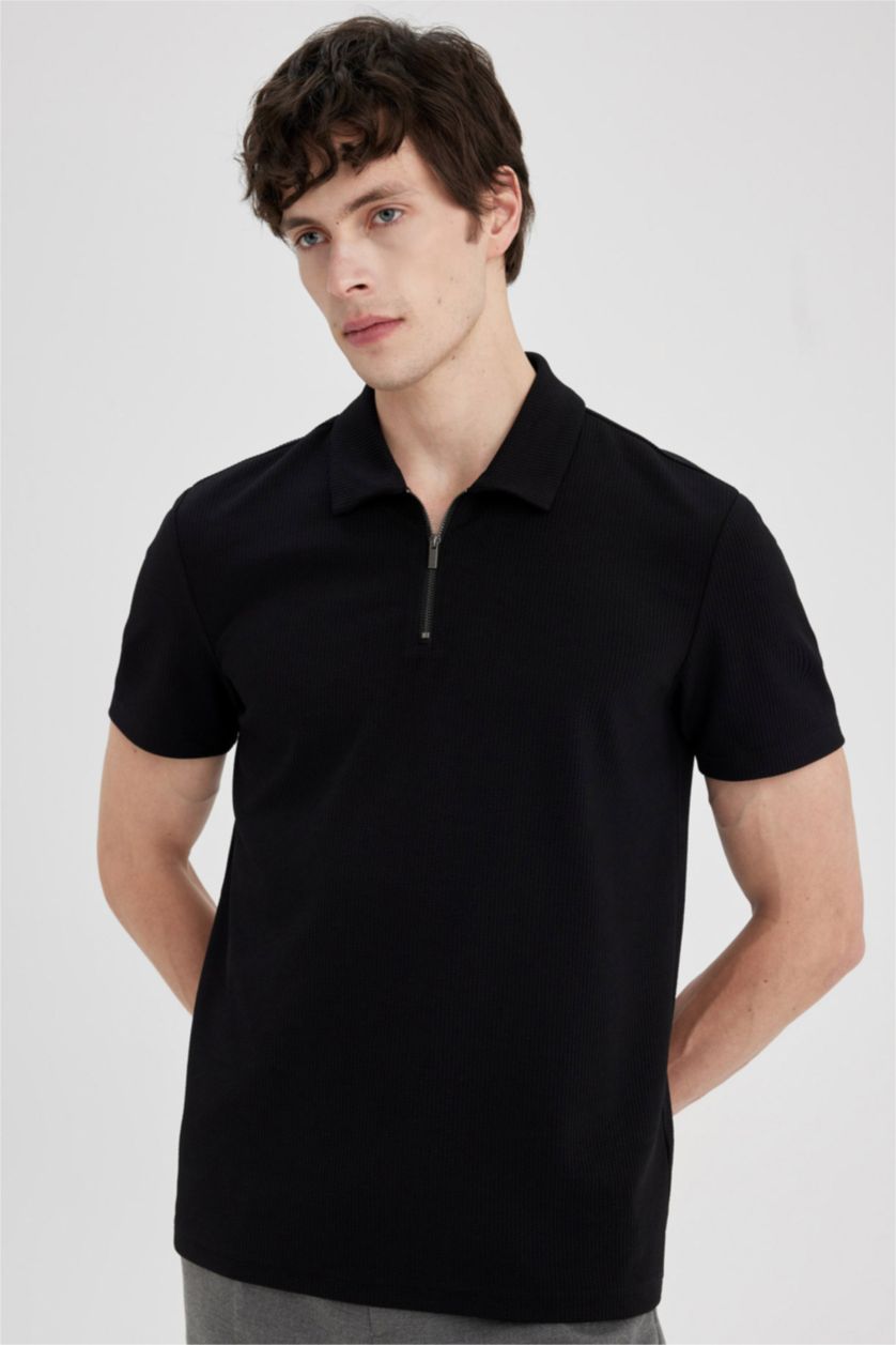 MAN Black Regular Fit Pleat Short Sleeve Polo T-Shirt