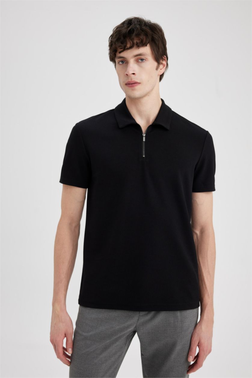MAN Black Regular Fit Pleat Short Sleeve Polo T-Shirt