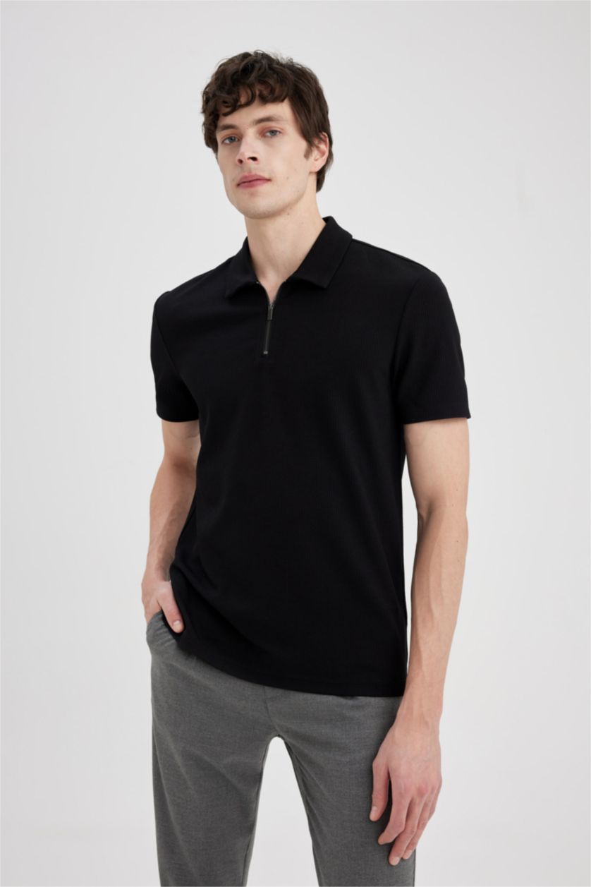 MAN Black Regular Fit Pleat Short Sleeve Polo T-Shirt