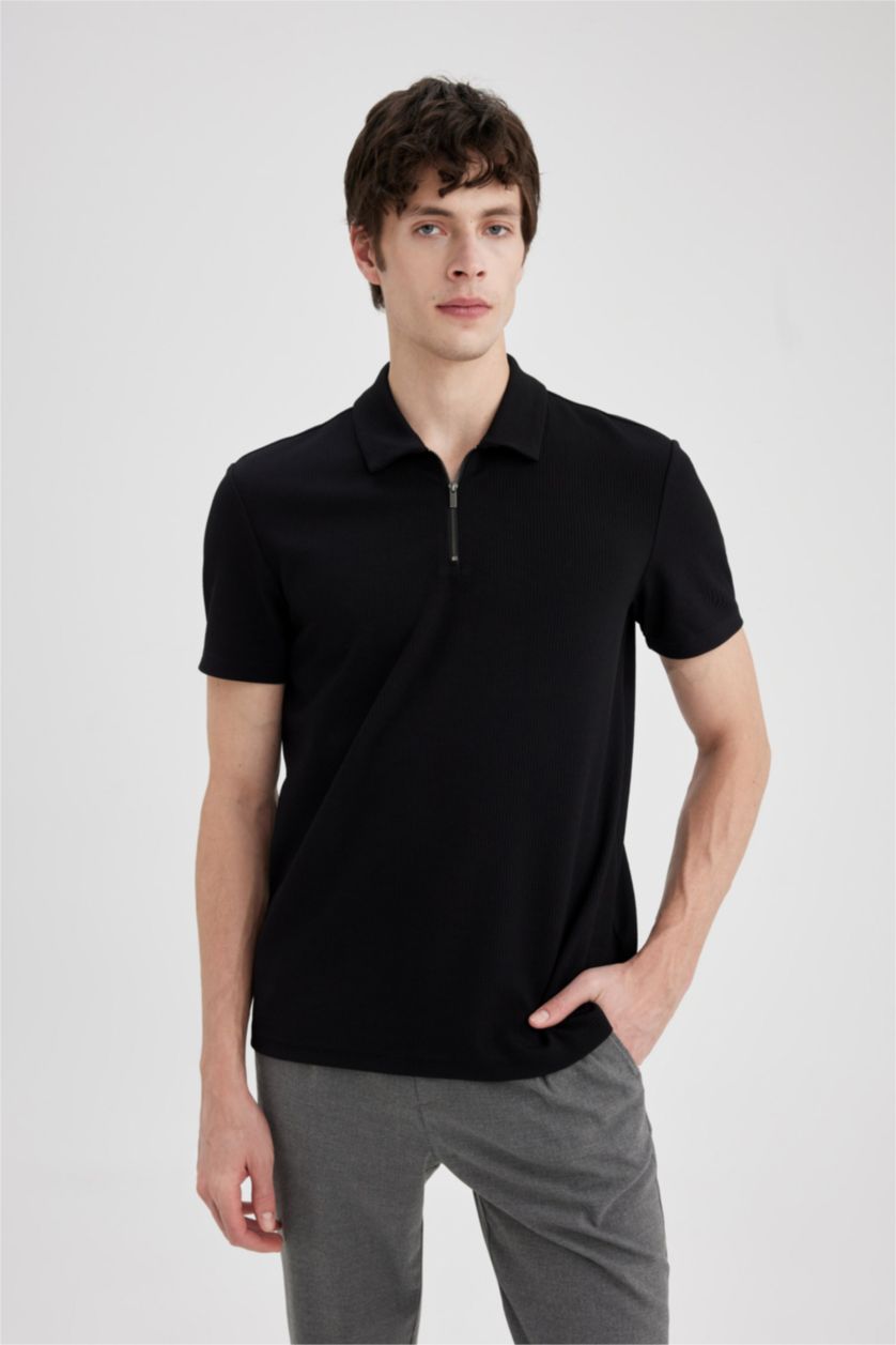 MAN Black Regular Fit Pleat Short Sleeve Polo T-Shirt