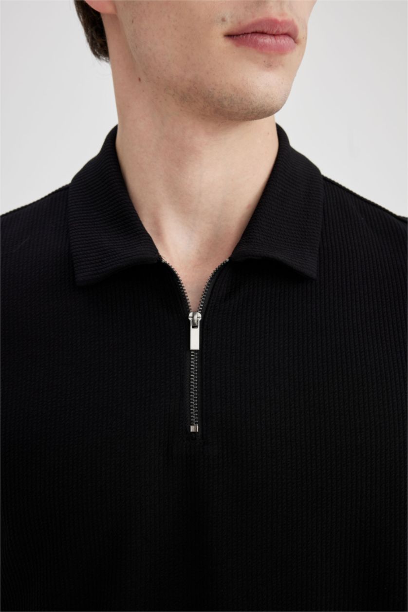 MAN Black Regular Fit Pleat Short Sleeve Polo T-Shirt