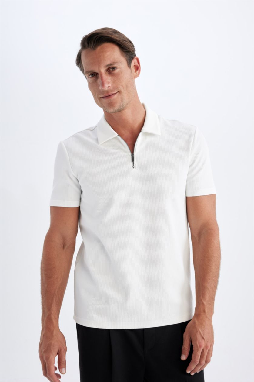 MAN White Regular Fit Pleat Short Sleeve Polo T-Shirt