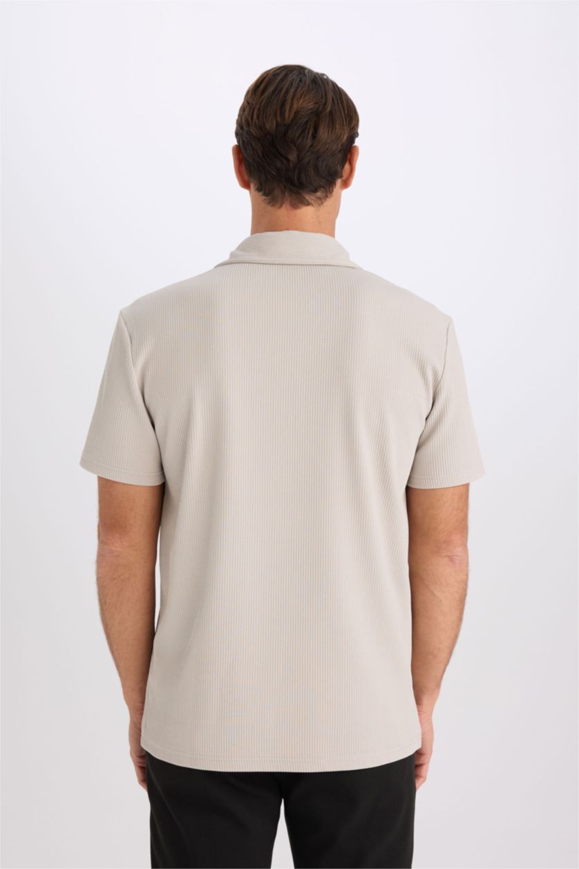 Erkek Açık Gri Regular Fit Polo Yaka Yarım Fermuarlı Kısa Kollu Pilise Tişört