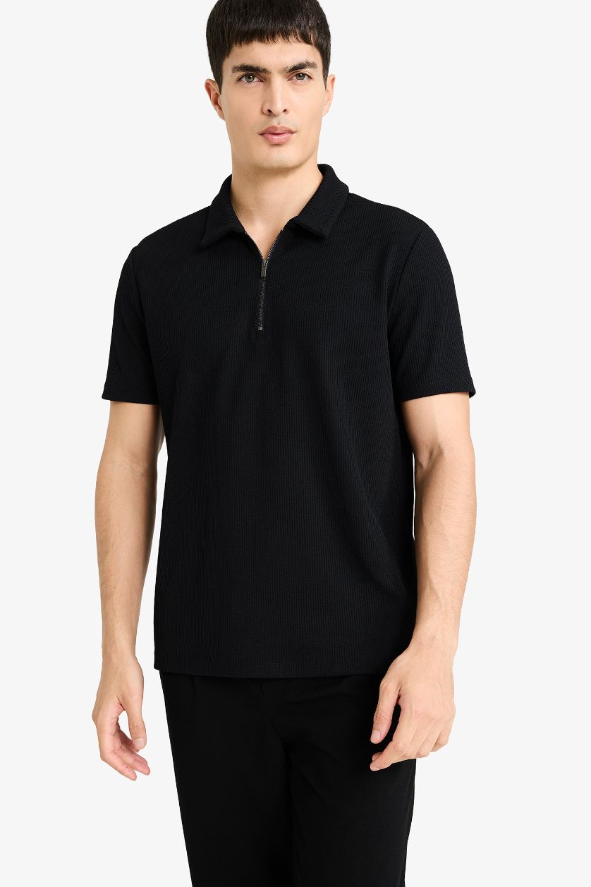 MAN Black Regular Fit Pleat Zippered Collar Polo T-Shirt