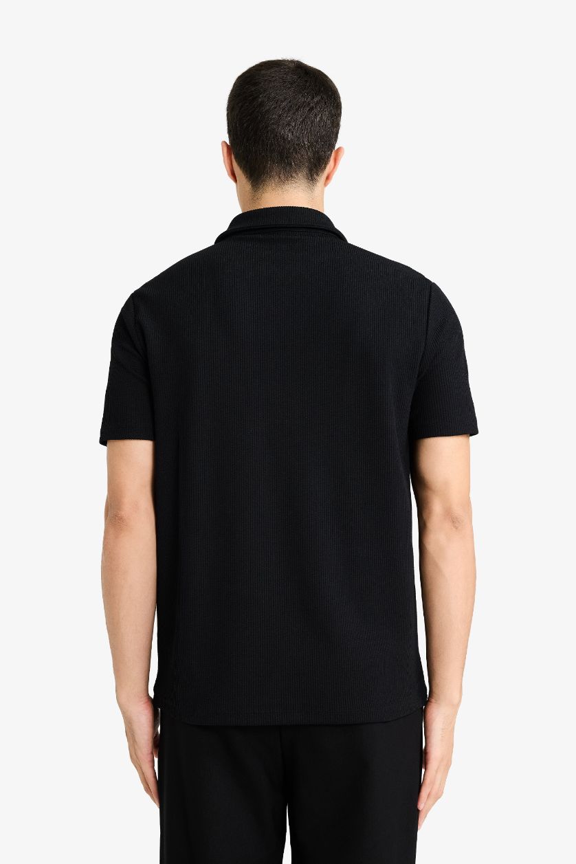 MAN Black Regular Fit Pleat Zippered Collar Polo T-Shirt