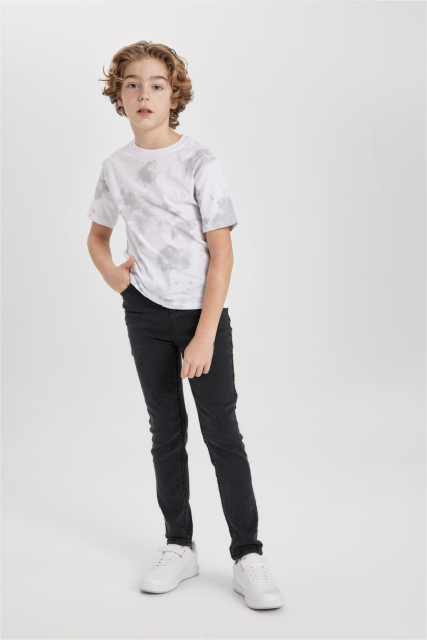 Erkek Çocuk - Genç Erkek Kırık Beyaz Erkek Çocuk Bisiklet Yaka Desenli Kısa Kollu Tişört