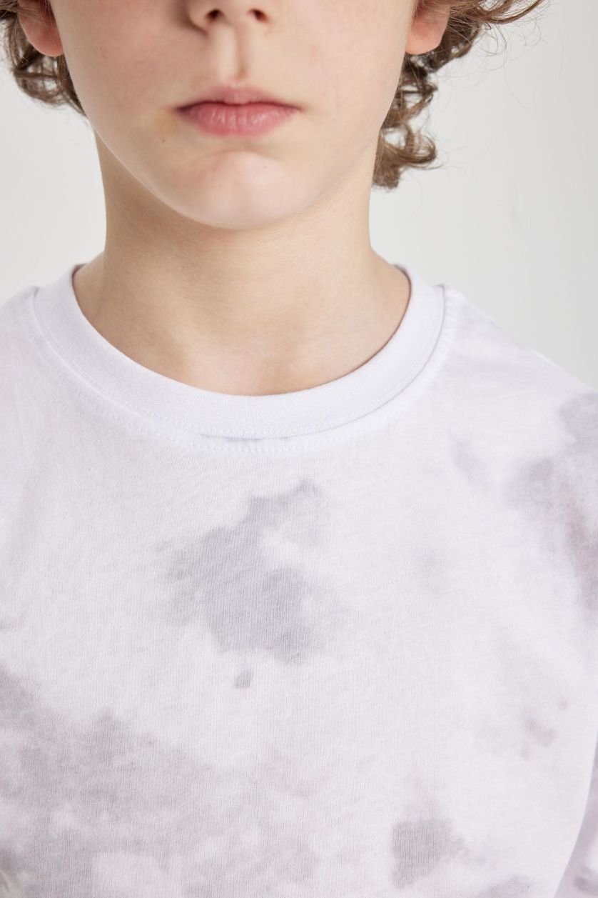 Erkek Çocuk - Genç Erkek Kırık Beyaz Erkek Çocuk Bisiklet Yaka Desenli Kısa Kollu Tişört