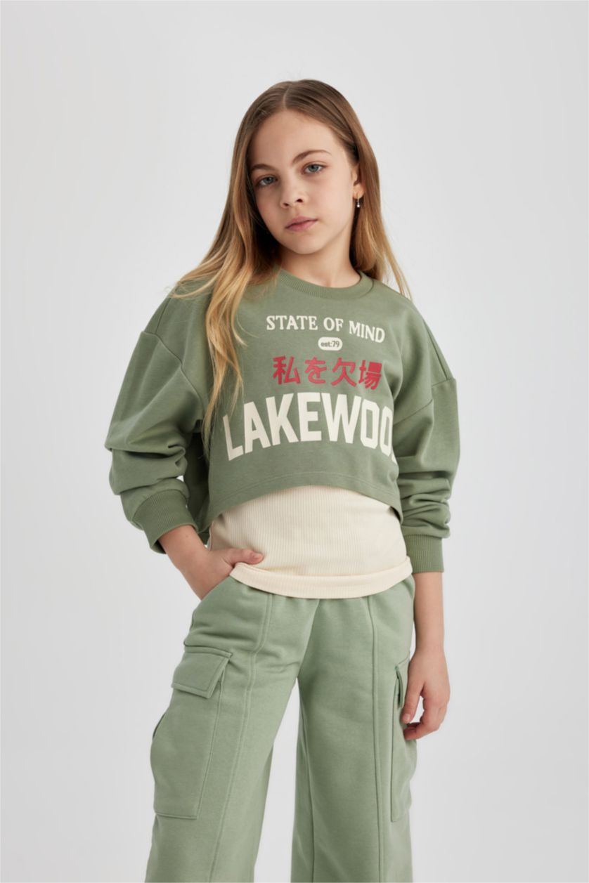 GIRLS & TEENS Light Green Girl Crew Neck 2 Piece Crop Sweatshirt