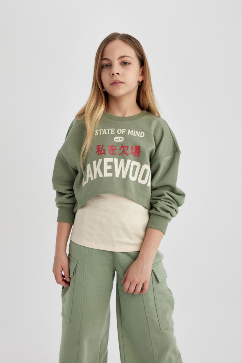 GIRLS & TEENS Light Green Girl Crew Neck 2 Piece Crop Sweatshirt