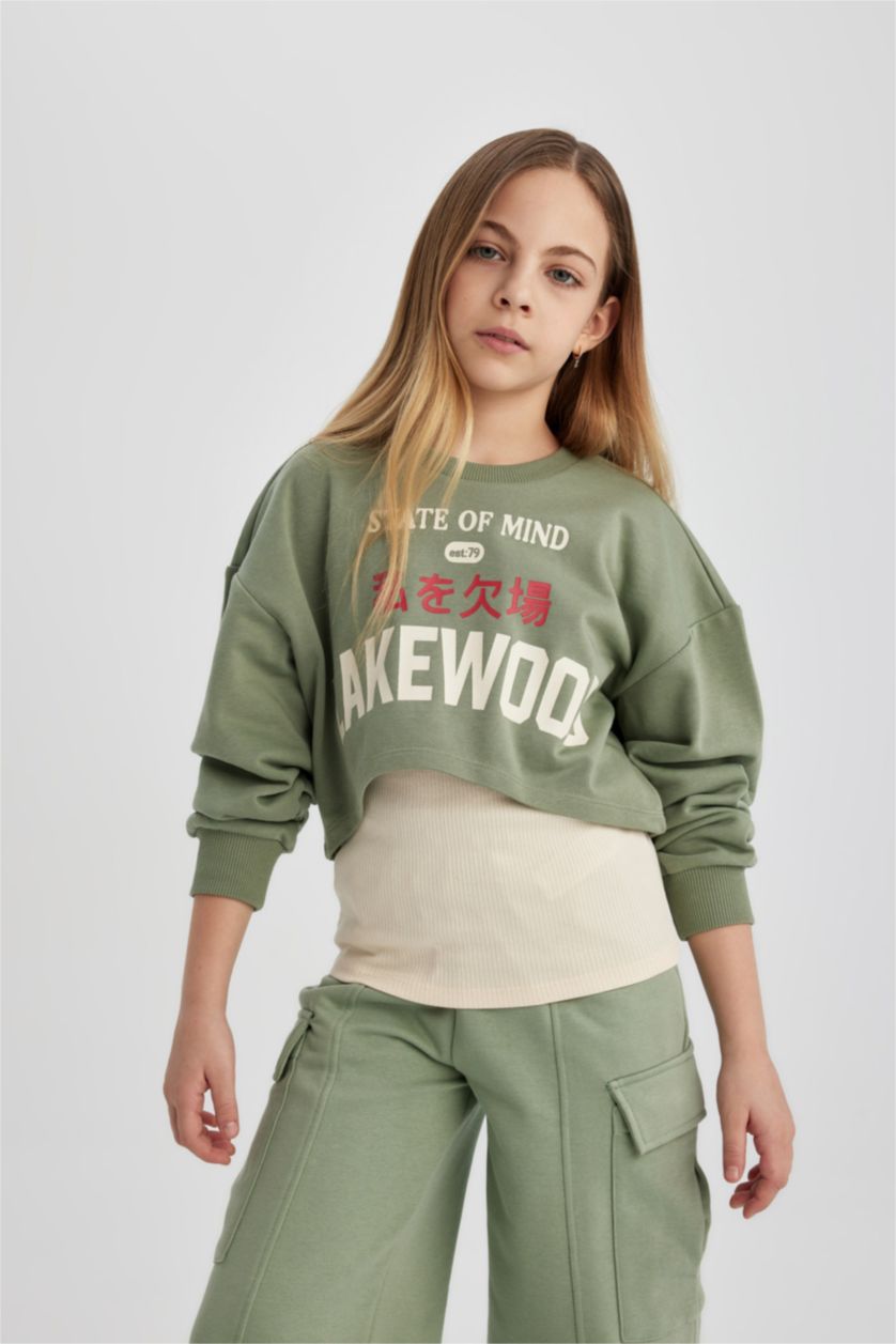GIRLS & TEENS Light Green Girl Crew Neck 2 Piece Crop Sweatshirt