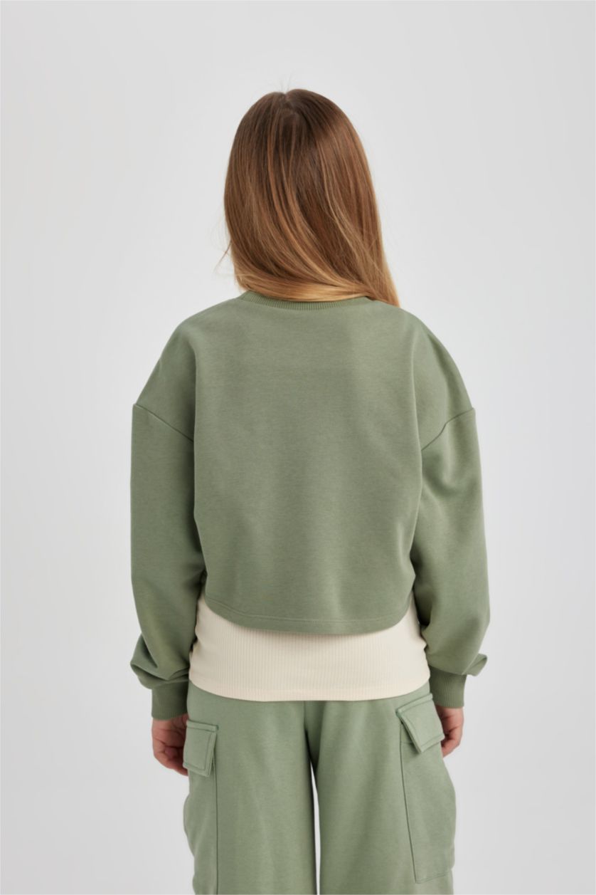 GIRLS & TEENS Light Green Girl Crew Neck 2 Piece Crop Sweatshirt