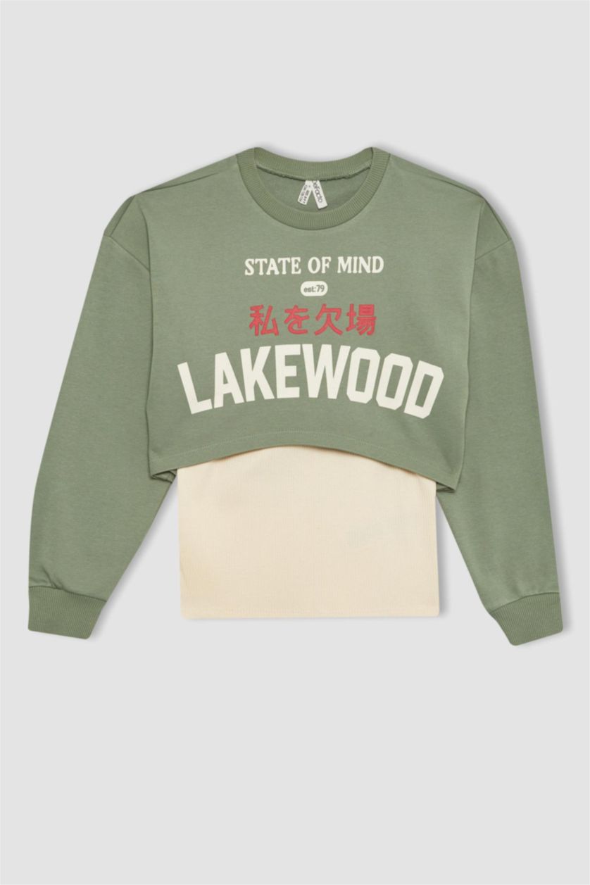 GIRLS & TEENS Light Green Girl Crew Neck 2 Piece Crop Sweatshirt