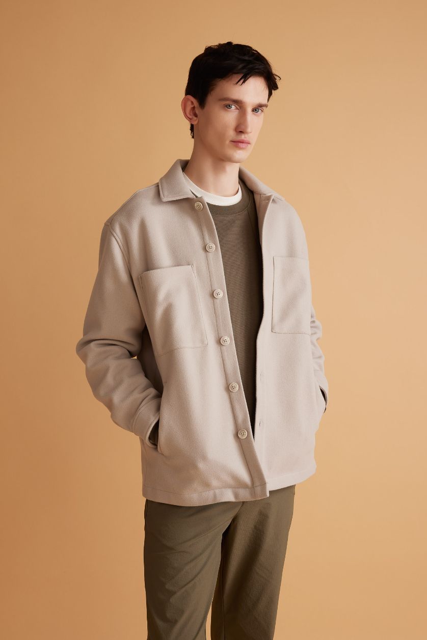 Erkek Taş Relax Fit Polo Yaka Yün Görünümlü Gömlek Ceket