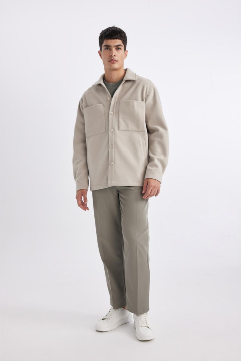 Erkek Taş Relax Fit Polo Yaka Yün Görünümlü Gömlek Ceket