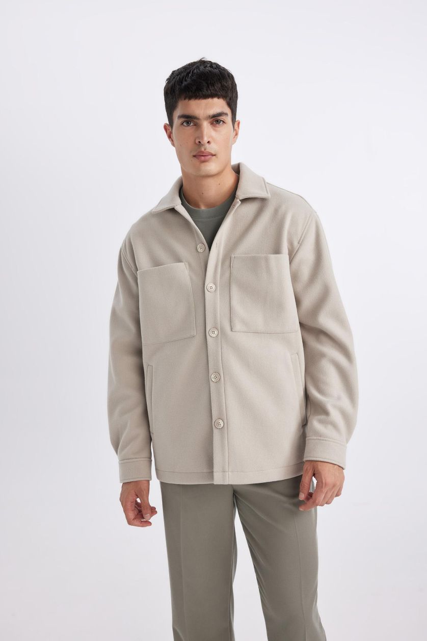 Erkek Taş Relax Fit Polo Yaka Yün Görünümlü Gömlek Ceket
