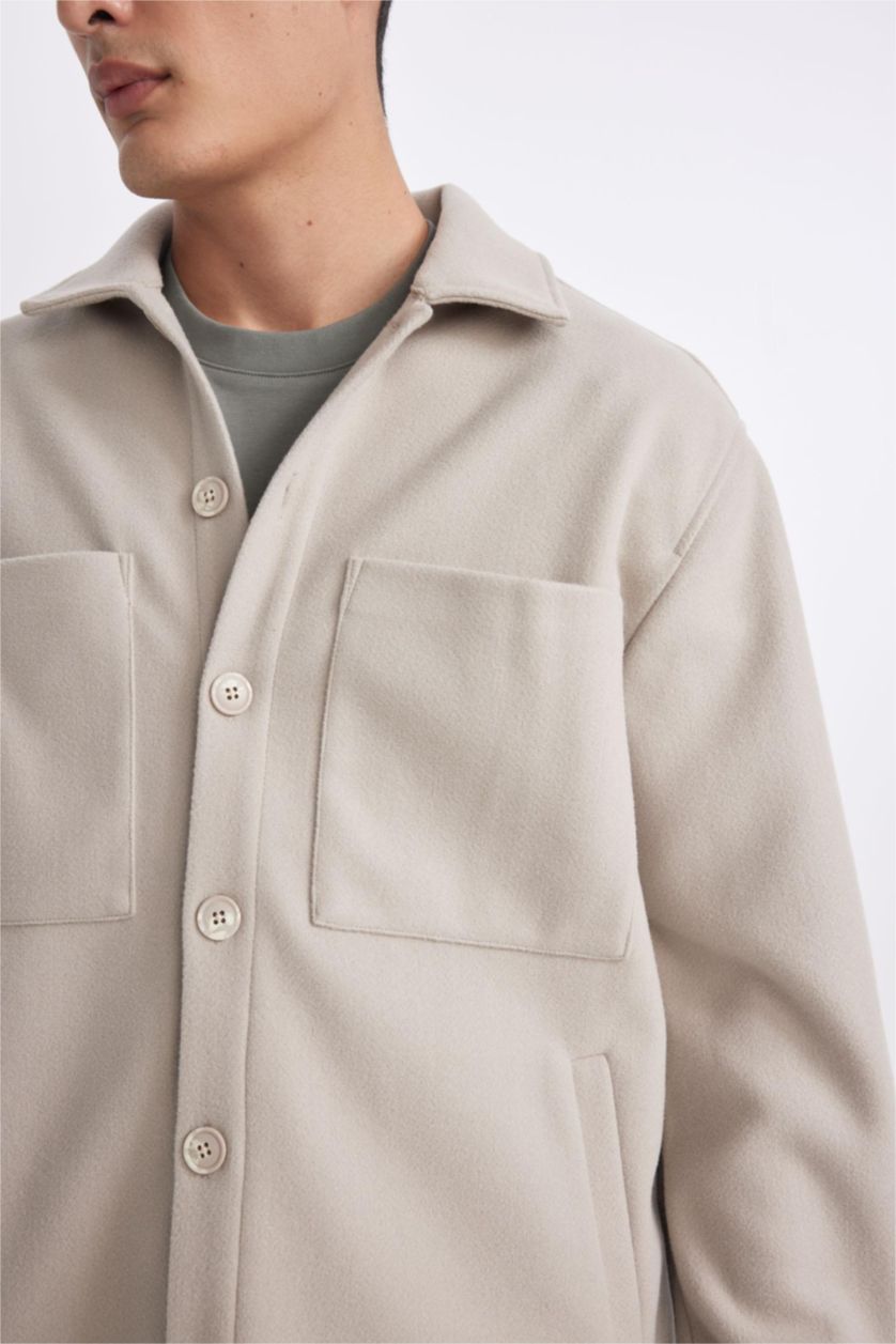 Erkek Taş Relax Fit Polo Yaka Yün Görünümlü Gömlek Ceket