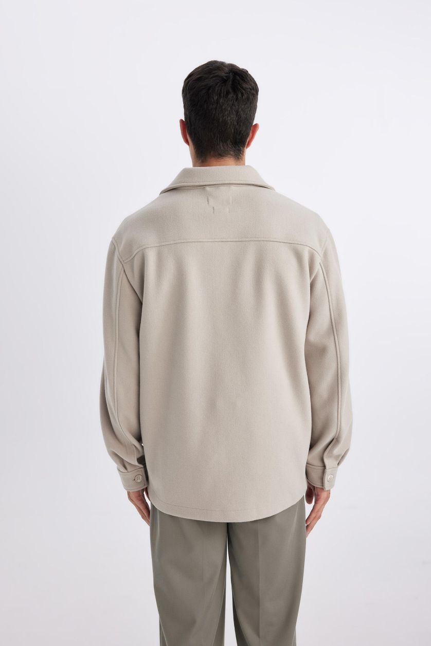 Erkek Taş Relax Fit Polo Yaka Yün Görünümlü Gömlek Ceket