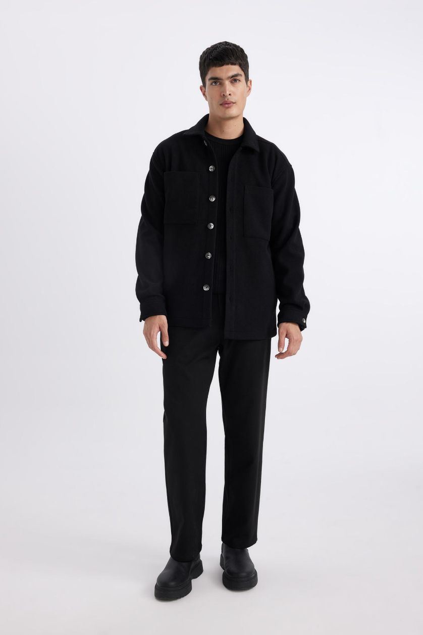 رجال أسود قميص قصة مريحة بياخة بولو بجيب ذو مظهر صوفي