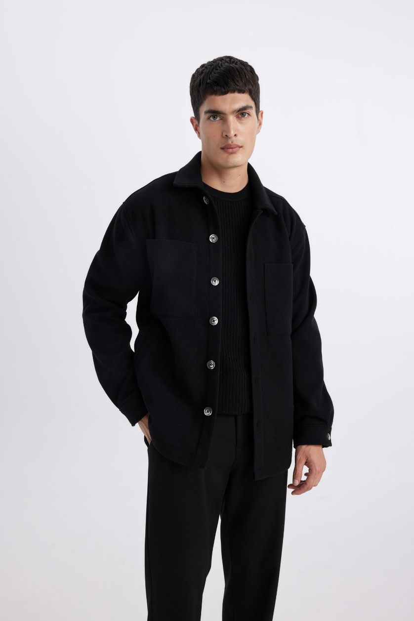 رجال أسود قميص قصة مريحة بياخة بولو بجيب ذو مظهر صوفي