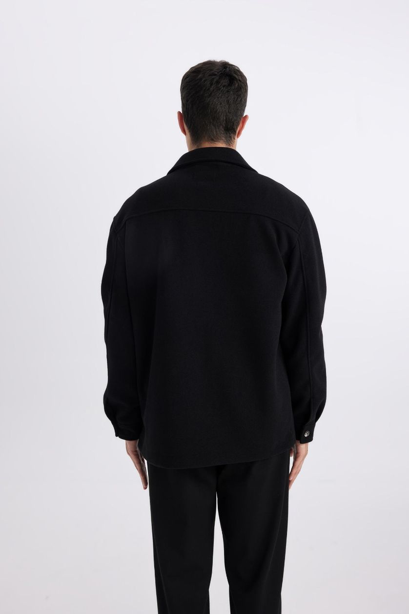 رجال أسود قميص قصة مريحة بياخة بولو بجيب ذو مظهر صوفي