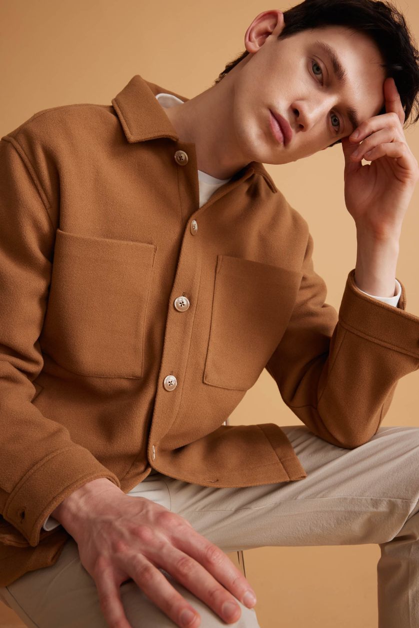 Erkek Camel Relax Fit Polo Yaka Yün Görünümlü Gömlek Ceket