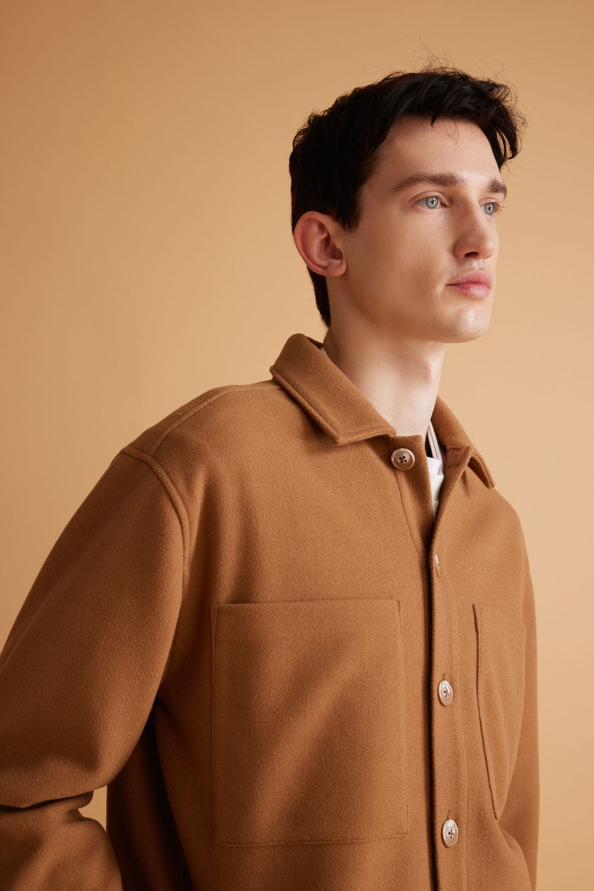 Erkek Camel Relax Fit Polo Yaka Yün Görünümlü Gömlek Ceket