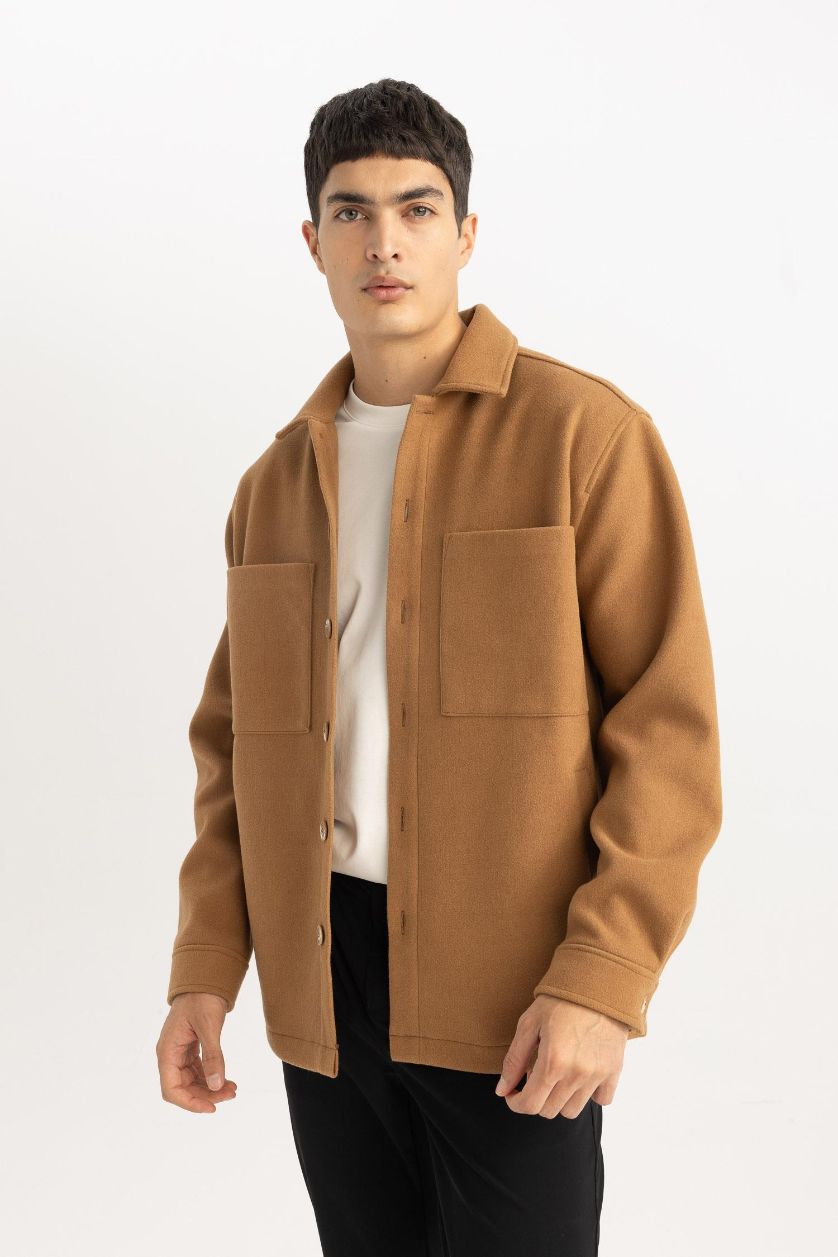 Erkek Camel Relax Fit Polo Yaka Yün Görünümlü Gömlek Ceket