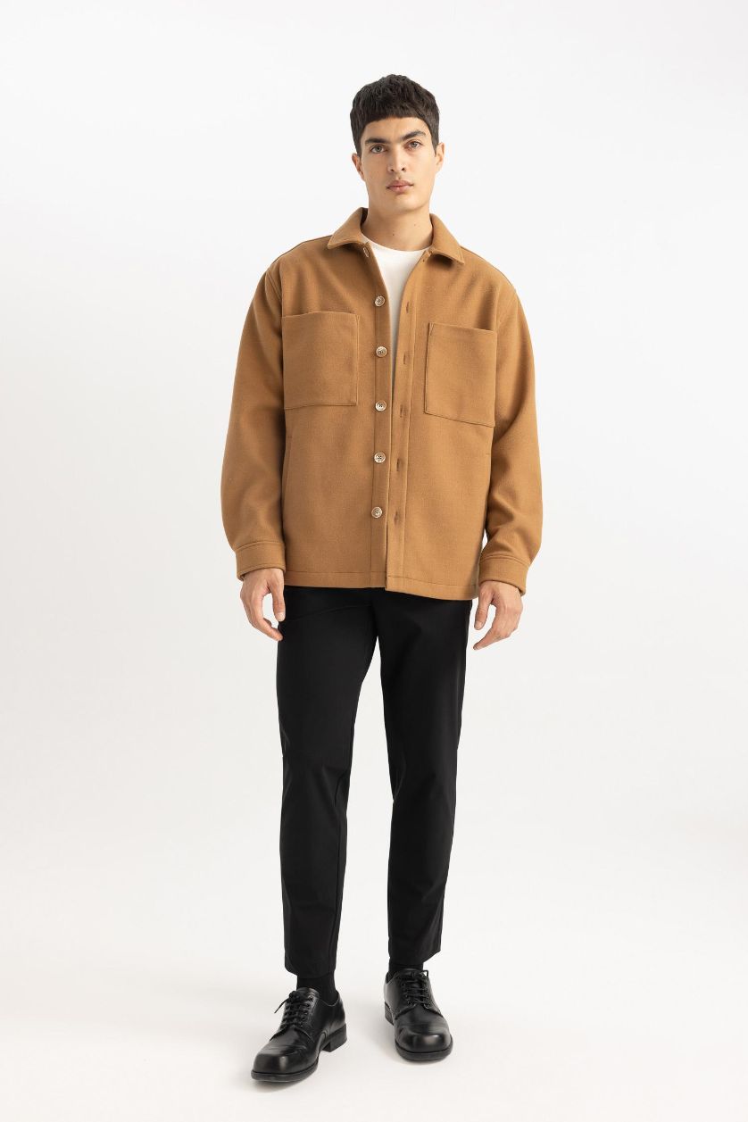 Erkek Camel Relax Fit Polo Yaka Yün Görünümlü Gömlek Ceket