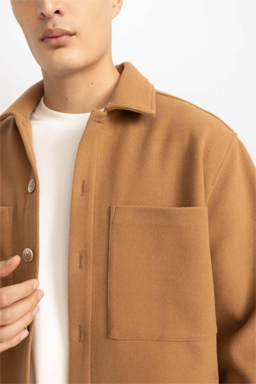 Erkek Camel Relax Fit Polo Yaka Yün Görünümlü Gömlek Ceket
