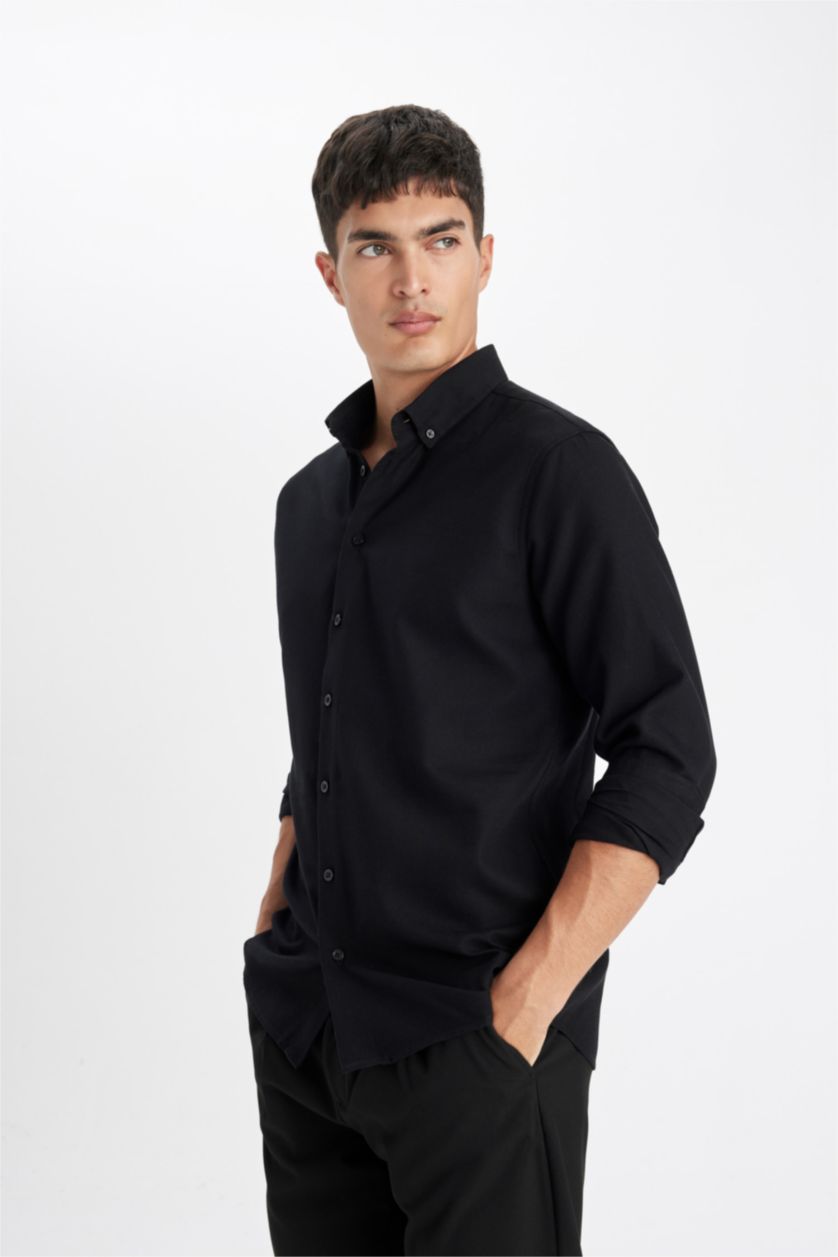 MAN Black Modern Fit Polo Neck Textured Long Sleeve Shirt