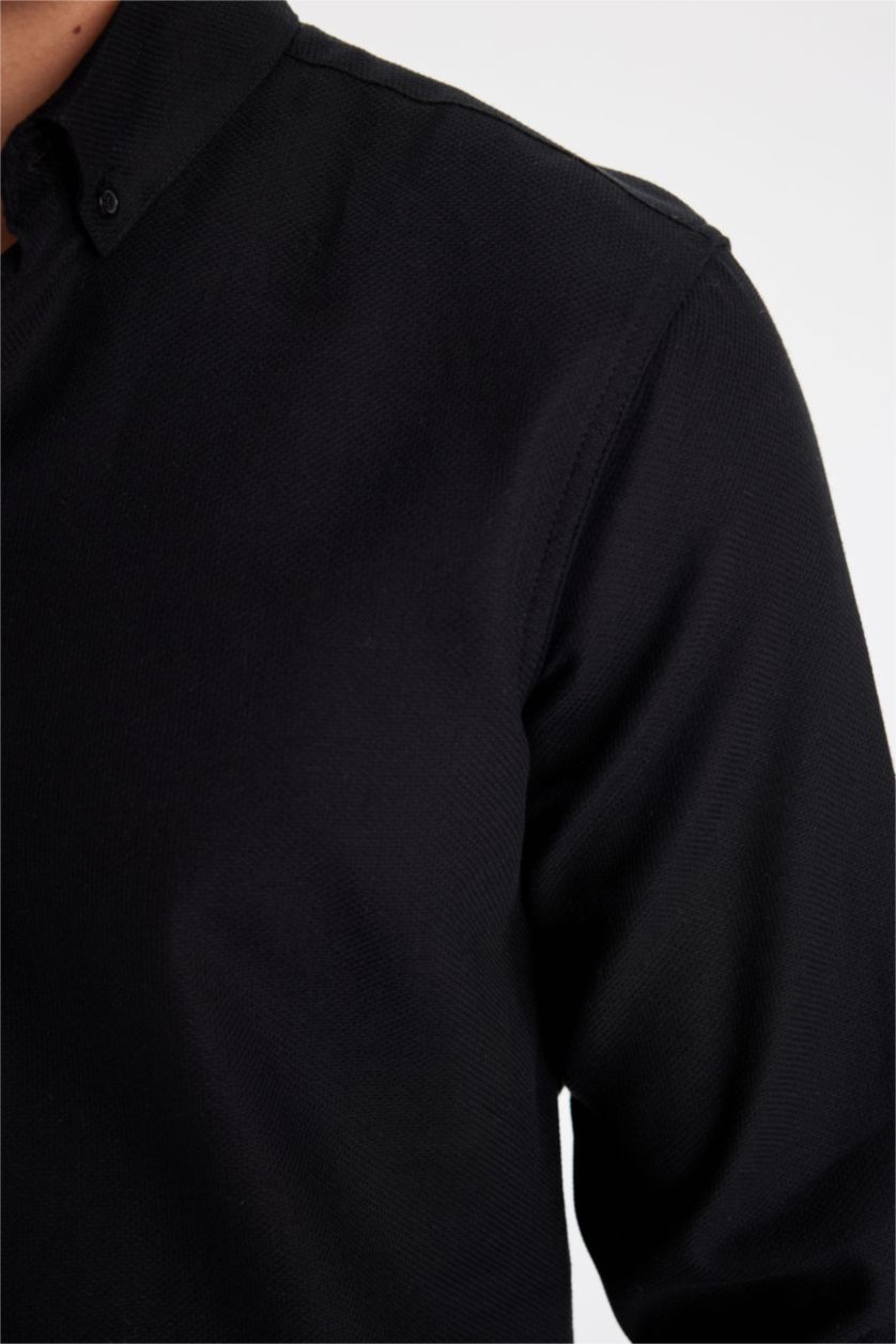 MAN Black Modern Fit Polo Neck Textured Long Sleeve Shirt