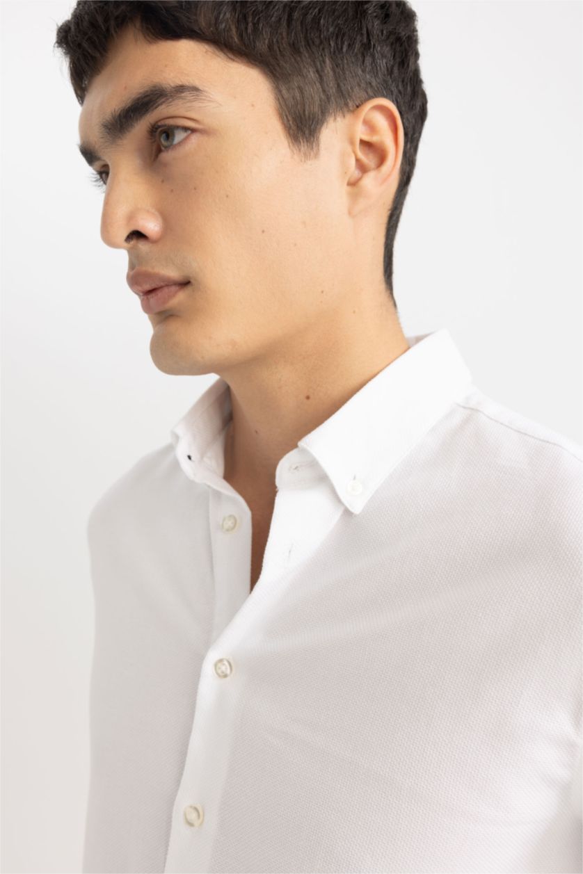 Erkek Beyaz %100 Pamuk Beyaz Modern Fit Polo Yaka Petek Dokulu Basic Düz Uzun Kollu Gömlek