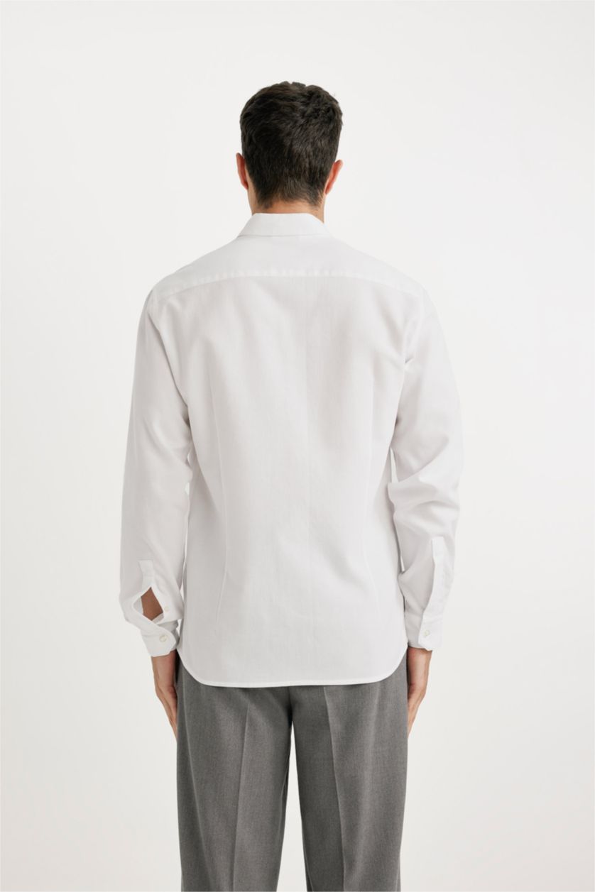 Erkek Beyaz %100 Pamuk Beyaz Modern Fit Polo Yaka Petek Dokulu Basic Düz Uzun Kollu Gömlek