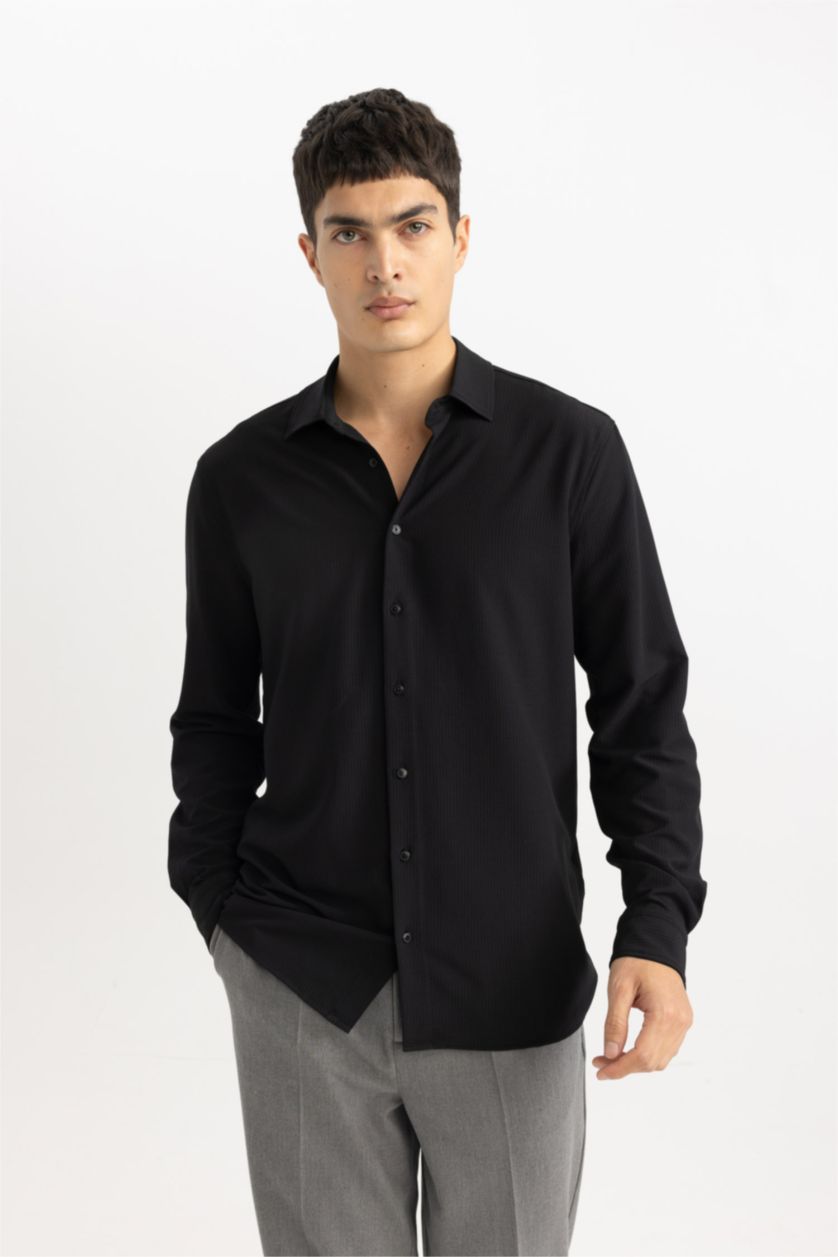 MAN Black Modern Fit Polo Collar Crinkle Shirt