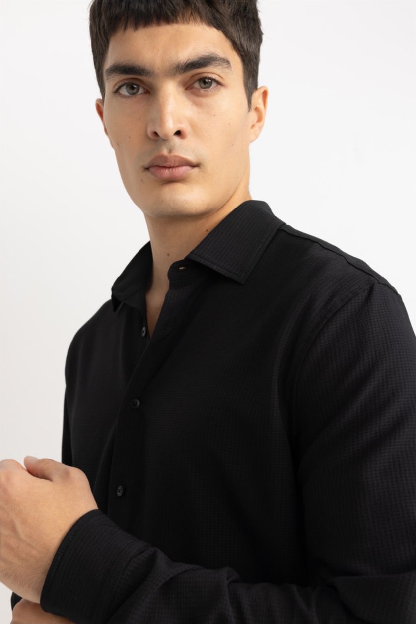 MAN Black Modern Fit Polo Collar Crinkle Shirt