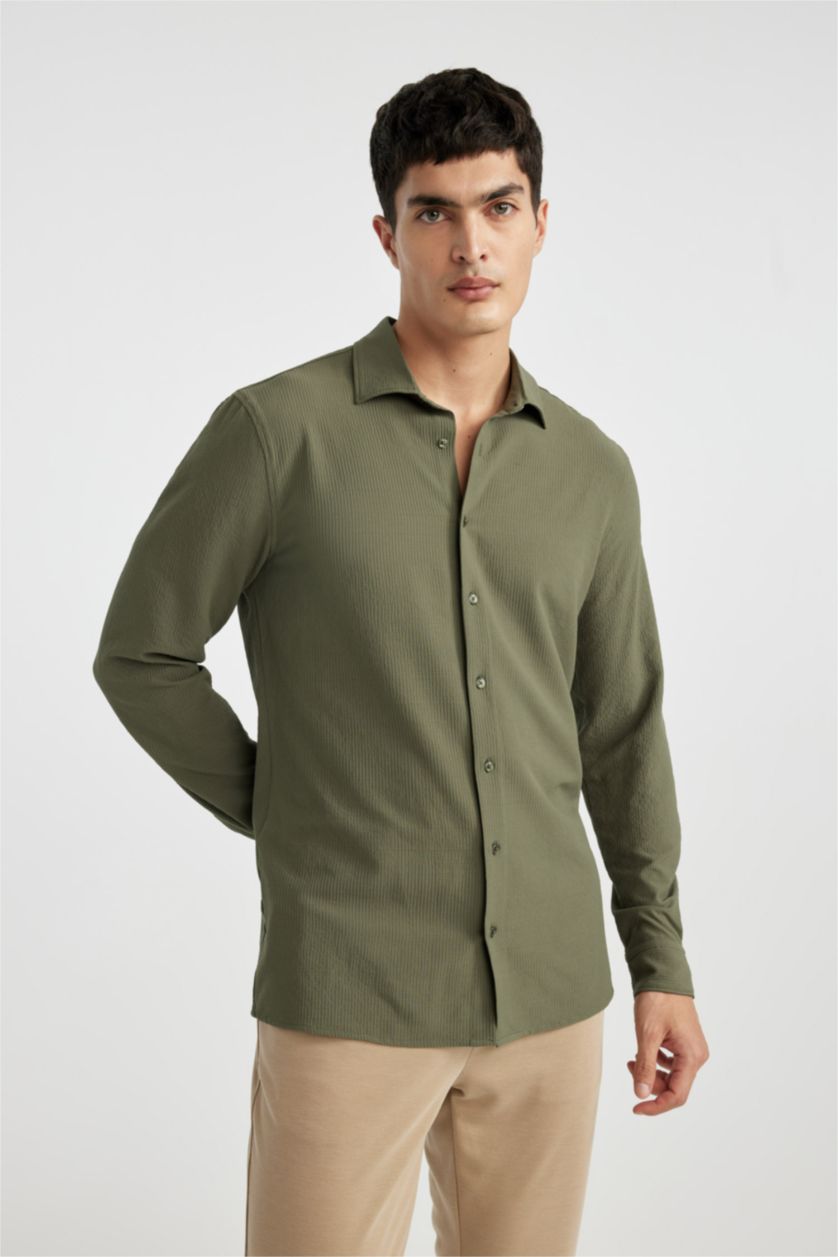 MAN Khaki Modern Fit Polo Collar Crinkle Long Sleeve Shirt