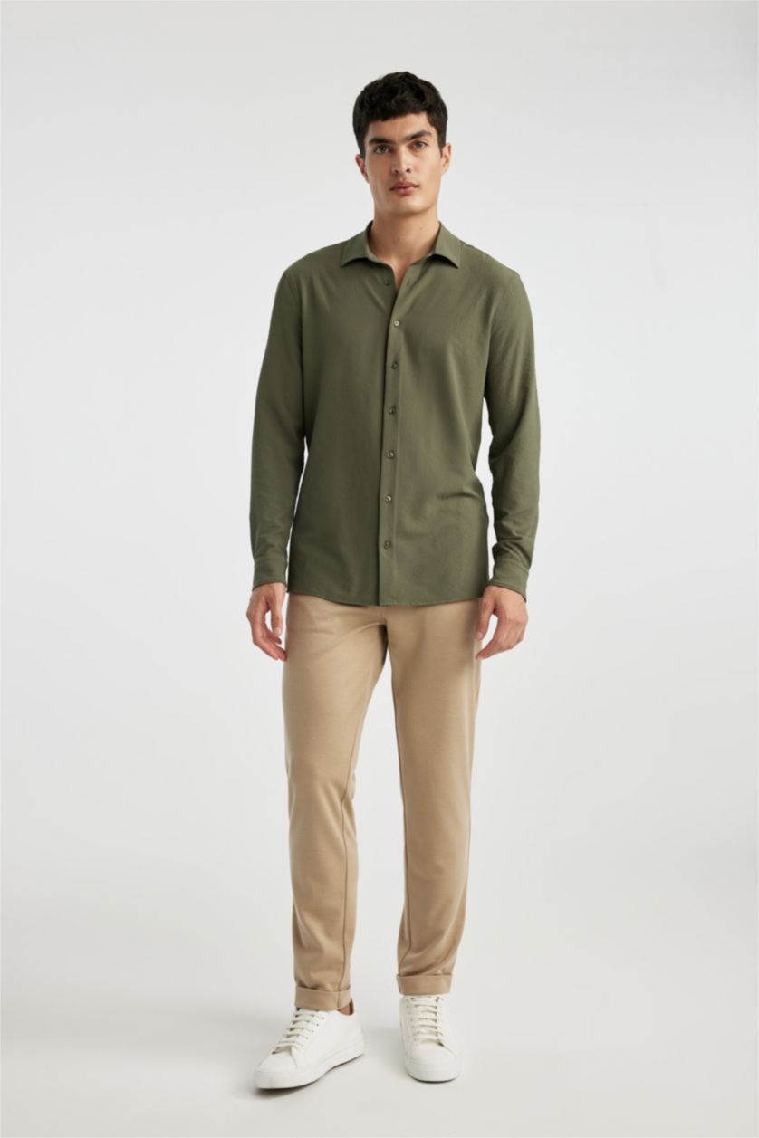 MAN Khaki Modern Fit Polo Collar Crinkle Long Sleeve Shirt