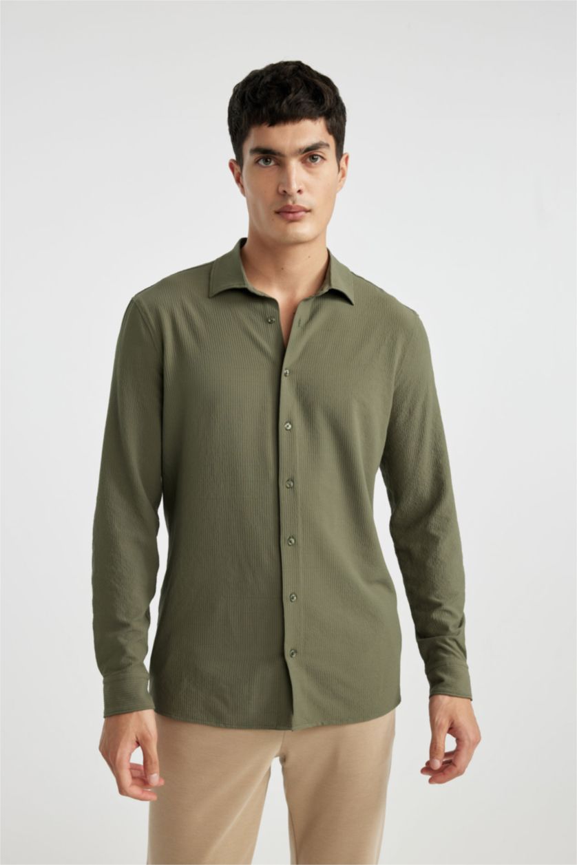 MAN Khaki Modern Fit Polo Collar Crinkle Long Sleeve Shirt
