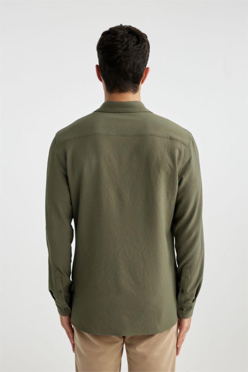 MAN Khaki Modern Fit Polo Collar Crinkle Long Sleeve Shirt